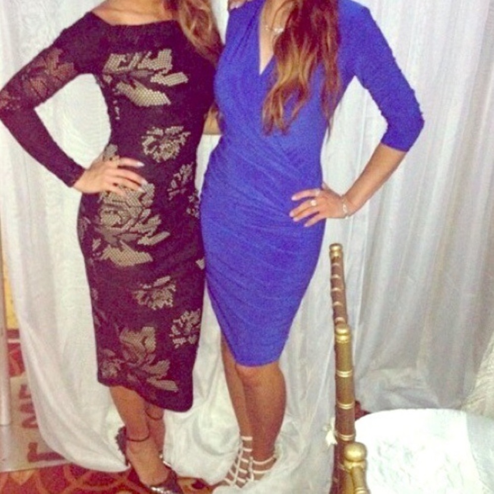 2 bundled Elegant Black Lace Midi Dress and blue wrap dress